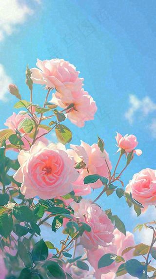 春天蓝天白云阳光下的粉色玫瑰花朵，谷雨立夏