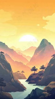落日山脉河流小溪扁平手绘插画，旅行游玩登山郊游