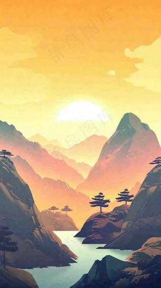 落日山脉河流小溪扁平手绘插画，旅行游玩登山郊游