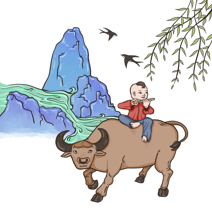  清明清明节卡通牧童放牛山水背景