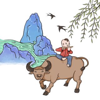  清明清明节卡通牧童放牛山水背景