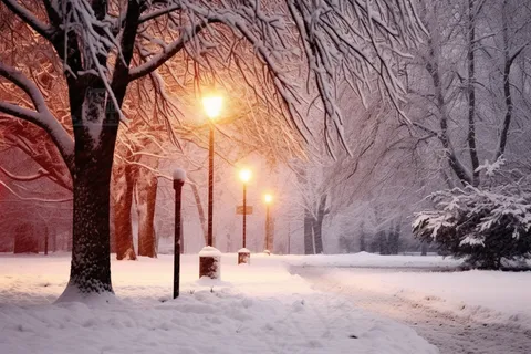 冬天路灯暖光下的街景摄影图