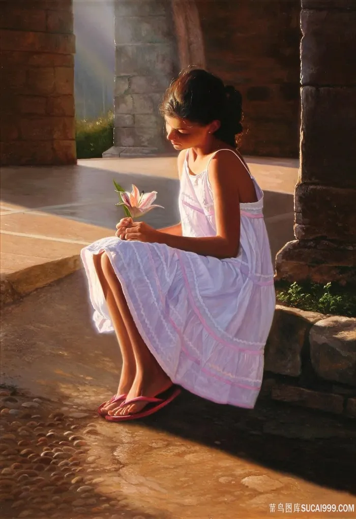 拿着花瓣的女孩油画风景画