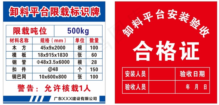 卸料平台限载标识牌cdr矢量模版下载