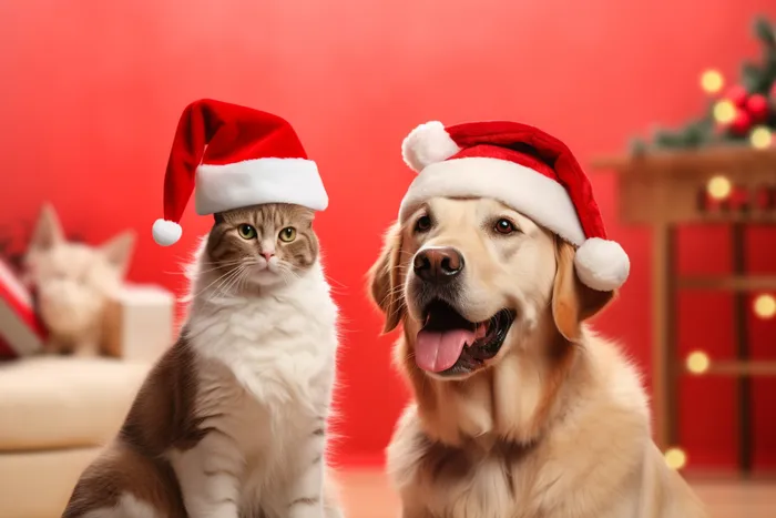 戴着圣诞帽的狗猫金毛红色背景圣诞摄影图(4032x2688)