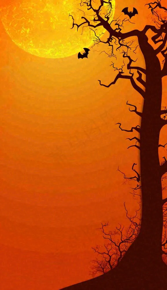 万圣节夜晚恐怖树枝橙黄色暗黑，西方节日(832x1440)