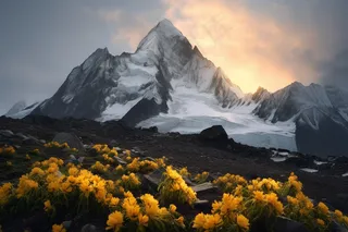 雪山日照金山下的野花摄影图
