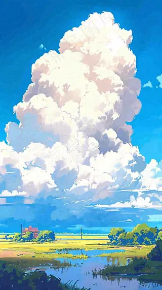 春天乡村河流倒影草地蓝天白云小屋手绘插画