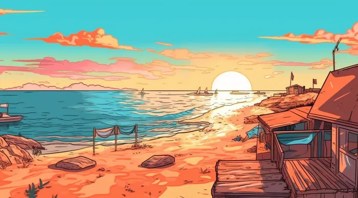海边度假，极简背景风格，充满活力的漫画，充满活力的插画背景，浅棕色和天蓝色