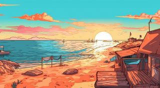 海边度假，极简背景风格，充满活力的漫画，充满活力的插画背景，浅棕色和天蓝色