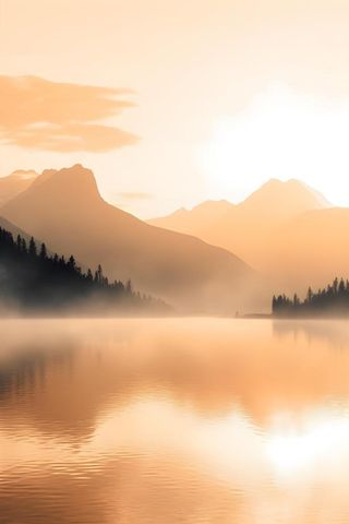 落日雪山云层河面背景