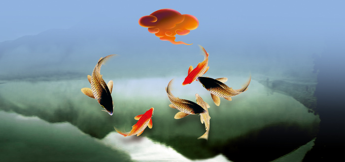 鲤鱼吉祥云水墨湖水