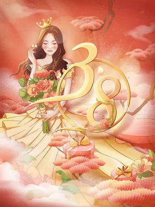 大气妇女节女神女王女生母亲节卡通手绘插图插画海报素材设计模板