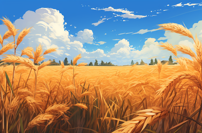 秋天成熟的金黄麦田稻田卡通插画素材图(4080x2688)