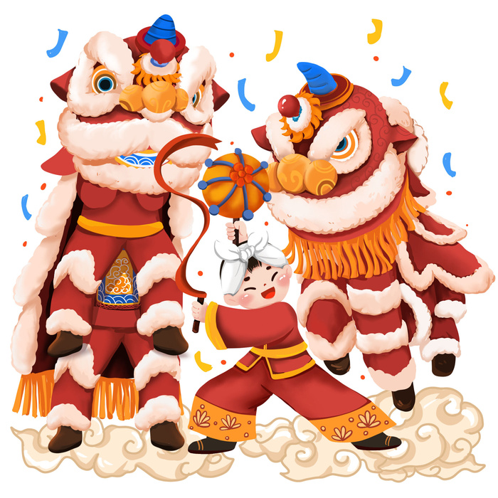 新年春节虎年元宵手绘人物舞狮卡通狮子头插画元素PSD设计素材