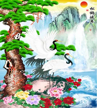 中国风山水花鸟树木丹顶鹤瀑布松树客厅卧室玄关画酒店装饰画壁画挂画