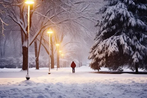 冬天路灯暖光下的街景摄影图