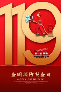红色大气简洁119全国消防安全教育日公益宣传海报模板素材