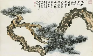 张大千手绘松树枝水墨装饰画