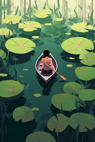 睡莲荷叶湖中划船的少年绿色卡通插画素材 