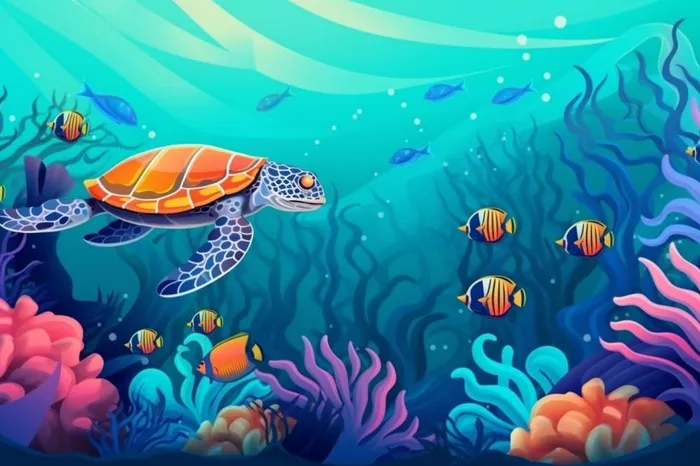 海洋生物世界清新蓝色背景(1344x896)