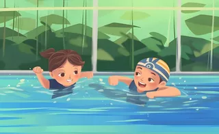 游泳池游泳儿童学生们玩乐蓝色卡通插画背景