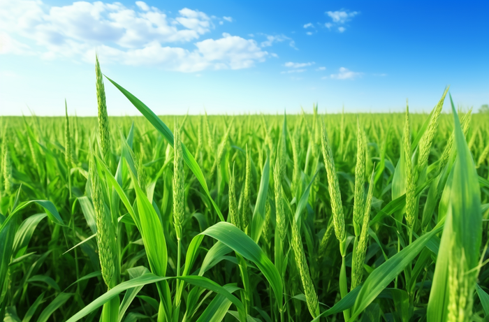 蓝天白云下一大片青色的稻田摄影图