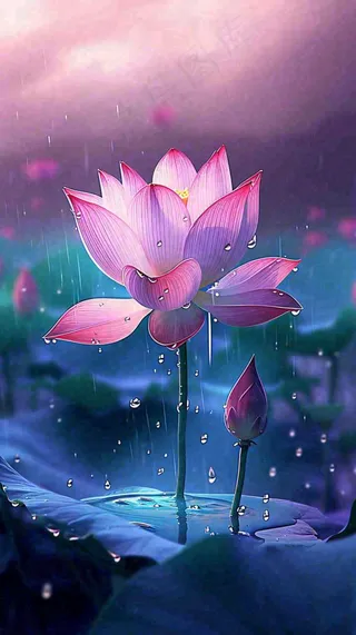 夏天下雨池塘里盛开的荷花特写，立夏，夏至