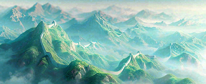 崇山峻岭高山白云中国风插画长城风景(1712x704)