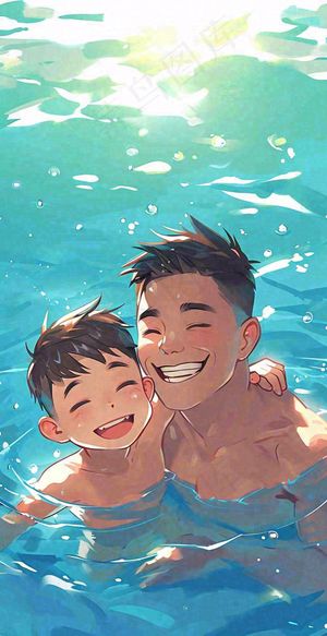 夏天父子游泳泳池蓝天白云清新手绘插画