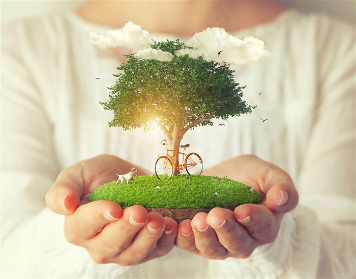 手捧着植物建筑的人物