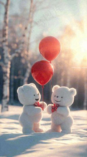 冬天雪地可爱小熊爱情情侣温馨，情人节520爱心摄影图