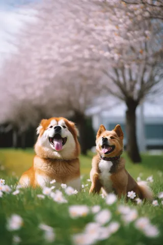 两只狗在草丛花丛里玩耍摄影图