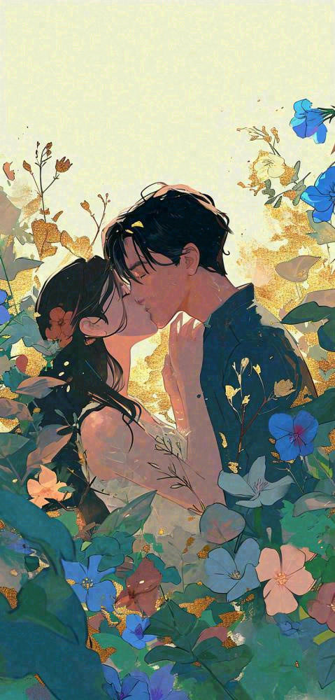 森林花丛里情侣拥抱亲吻爱情手绘插画，情人节(752x1568)