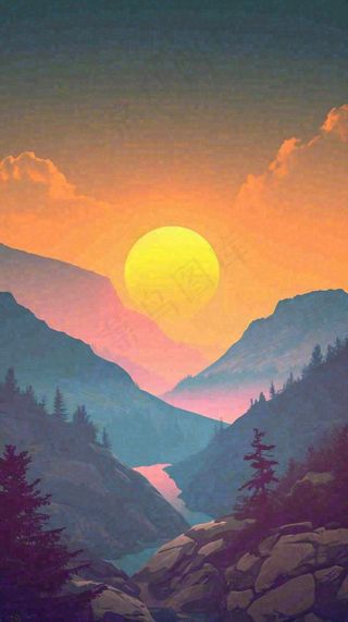 落日山脉河流小溪扁平手绘插画，旅行游玩登山郊游