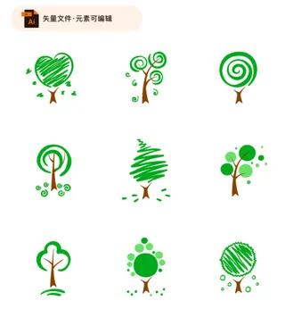 绿色抽象风春天绿树树木元素插画