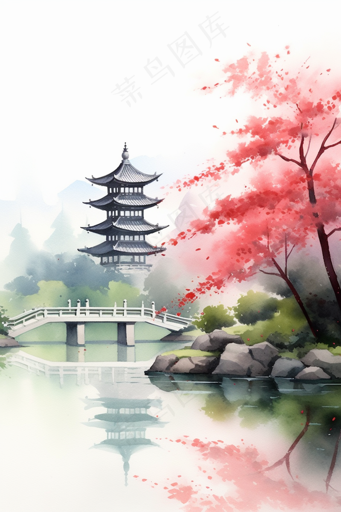 国风水墨画山水花卉唯美插画背景