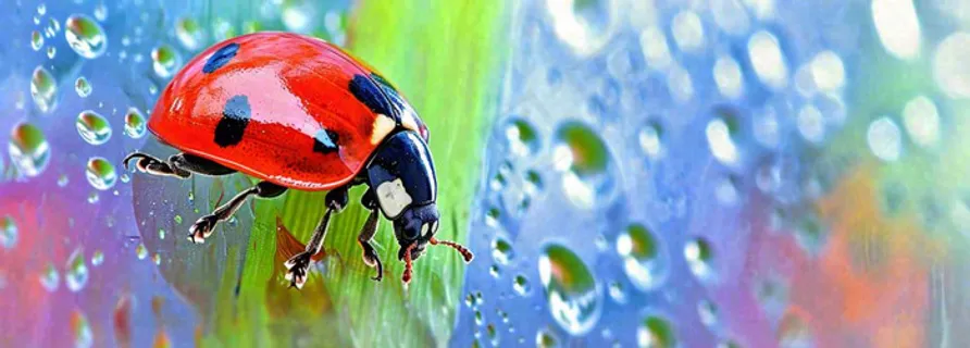 雨天雨水水珠上七星瓢虫动物爬行，彩色渐变摄影图