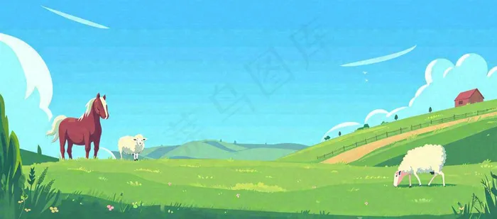 春天卡通扁平插画手绘蓝天绿色草地，春游，郊游，踏青(1632x720)