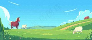 春天卡通扁平插画手绘蓝天绿色草地，春游，郊游，踏青
