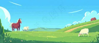 春天卡通扁平插画手绘蓝天绿色草地，春游，郊游，踏青