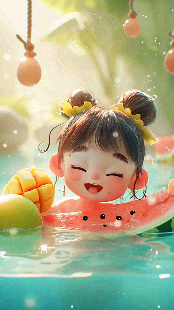 夏日清爽游泳儿童戏水，水果西瓜清凉，夏至大暑小暑(816x1456)