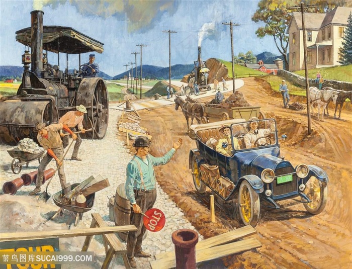 唯美风景画经典老爷车怀旧风景画