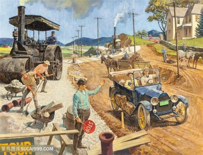 唯美风景画经典老爷车怀旧风景画