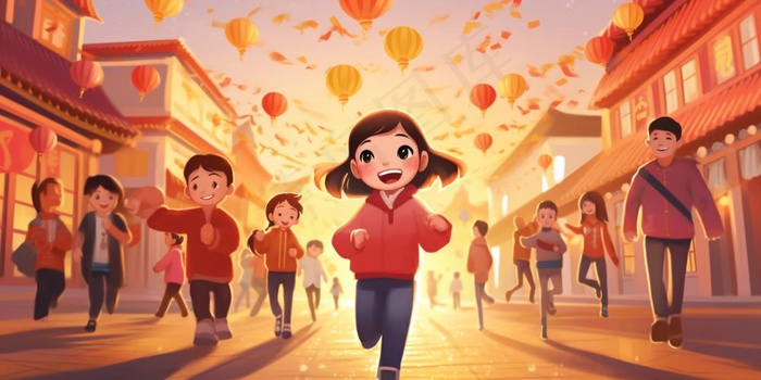 新年除夕街上欢灯结彩孩子们追逐打闹迎接新年喜庆卡通插画背景