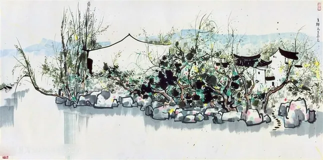 吴冠中手绘水墨乡村湖畔美景装饰画 吴冠中手绘水墨乡村湖畔美景装饰画