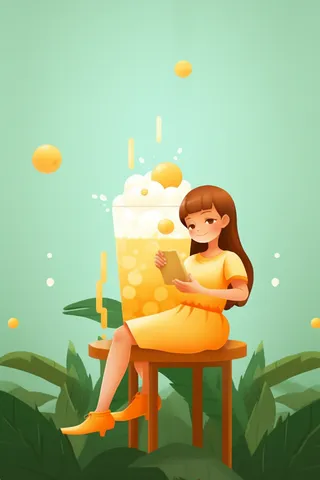 穿着橙色衣服的女孩坐着喝饮料卡通插画