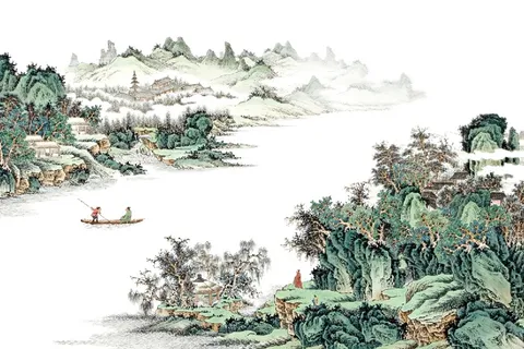 水墨山水小船背景墙 水墨山水小船背景墙
