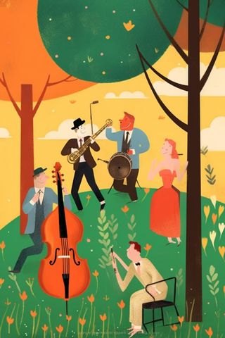 夏日草地音乐演奏扁平插画背景