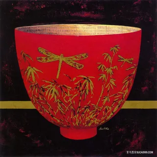 红色碗竹子静物油画